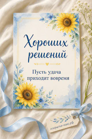 Открытка с акварельными подсолнухами и голубой лентой на льняном фоне, надпись «Хороших решений»