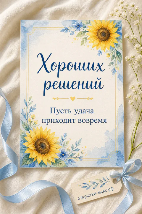 Открытка с акварельными подсолнухами и голубой лентой на льняном фоне, надпись «Хороших решений»