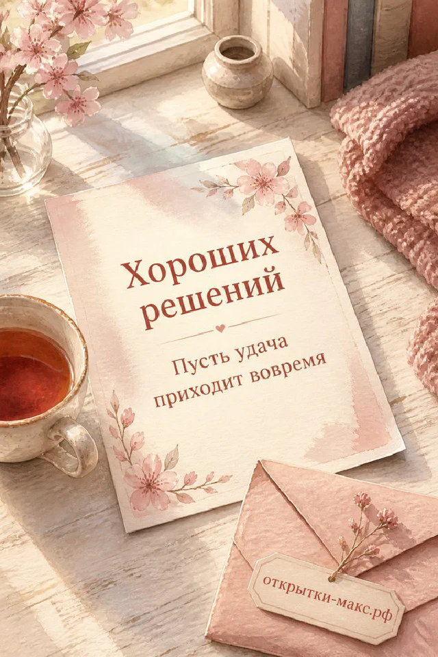 Открытка с акварельными подсолнухами и голубой лентой на льняном фоне, надпись «Хороших решений» — вариант 2