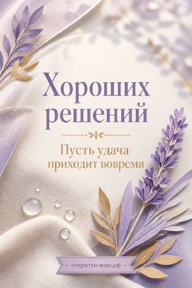 Открытка с акварельными подсолнухами и голубой лентой на льняном фоне, надпись «Хороших решений» — вариант 3