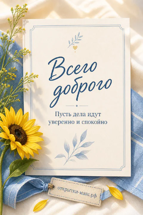 Карточка с надписью Всего доброго, жёлтые подсолнухи и синяя льняная ткань на светлом фоне