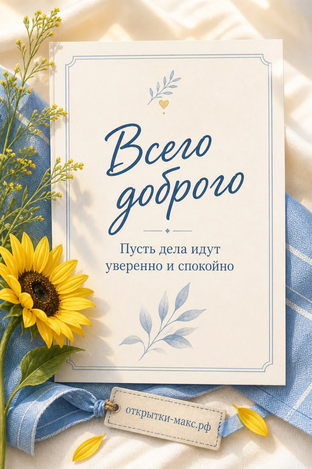 Карточка с надписью Всего доброго, жёлтые подсолнухи и синяя льняная ткань на светлом фоне