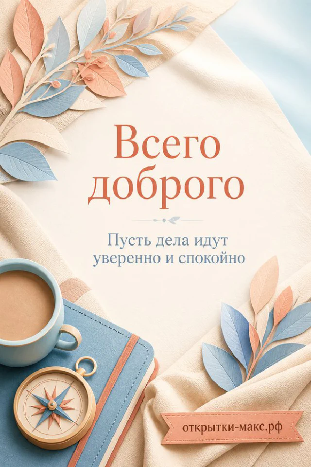 Карточка с надписью Всего доброго, жёлтые подсолнухи и синяя льняная ткань на светлом фоне — вариант 3