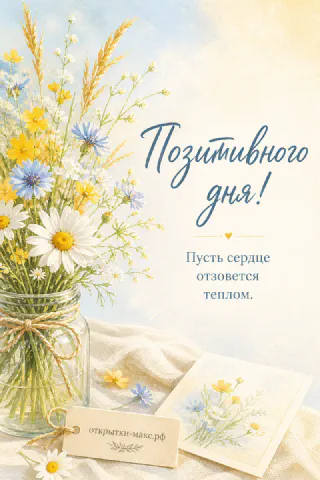 Стеклянная банка с букетом ромашек, синих и жёлтых полевых цветов на льняном фоне с открыткой
