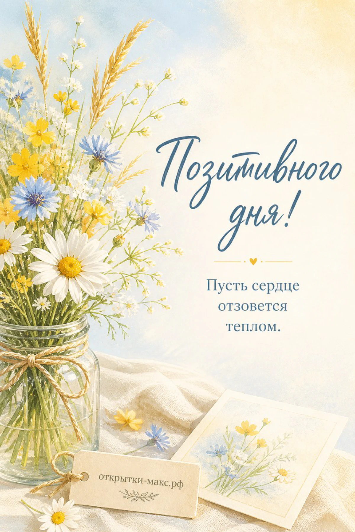 Стеклянная банка с букетом ромашек, синих и жёлтых полевых цветов на льняном фоне с открыткой