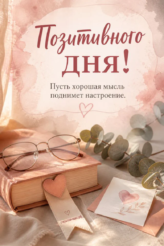 Чашка чая, акварельный настольный календарь и чистый лист с ручкой на деревянном столе, надпись «Позитивного дня» — вариант 2