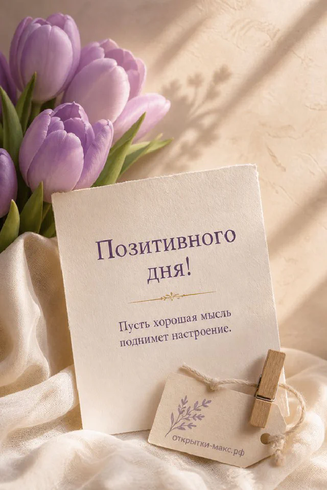 Чашка чая, акварельный настольный календарь и чистый лист с ручкой на деревянном столе, надпись «Позитивного дня» — вариант 3