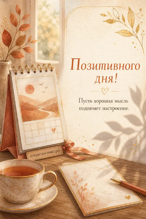 Чашка чая, акварельный настольный календарь и чистый лист с ручкой на деревянном столе, надпись «Позитивного дня»