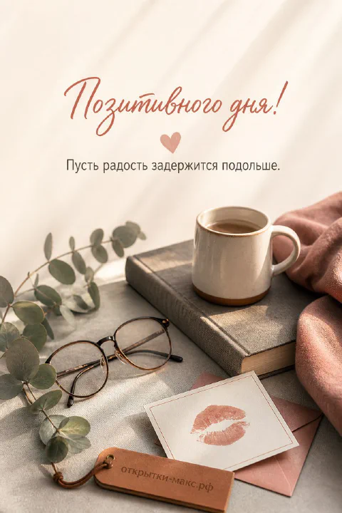 Кружка кофе на книге рядом с очками, конвертом с отпечатком губ и ветками эвкалипта, надпись «Позитивного дня»