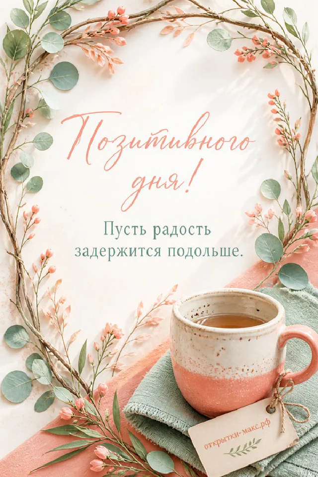 Кружка кофе на книге рядом с очками, конвертом с отпечатком губ и ветками эвкалипта, надпись «Позитивного дня» — вариант 3