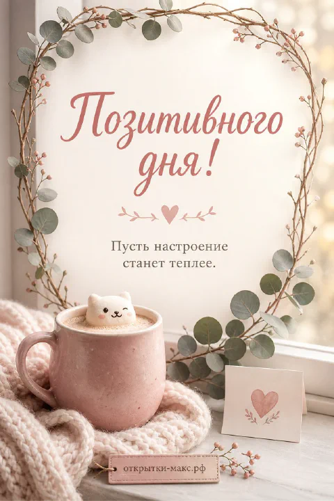 Розовая кружка с маршмеллоу в виде котика и сердечком внутри венка из эвкалипта у окна