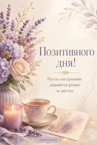 Ваза с лавандой и кремовой розой рядом с горящей свечой и чашкой чая на бежевом фоне с золотыми деталями