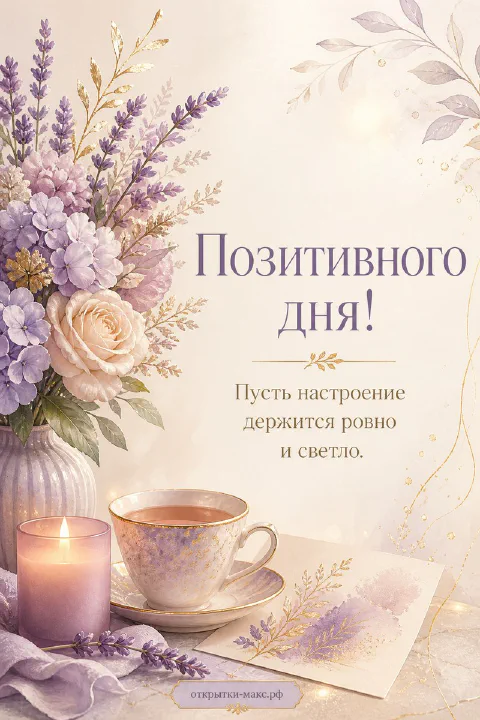 Ваза с лавандой и кремовой розой рядом с горящей свечой и чашкой чая на бежевом фоне с золотыми деталями