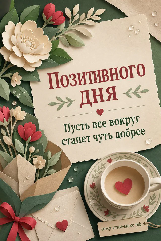 Красные пионы с зеленью в вазе рядом с бежевой кружкой кофе и открыткой с сердечком на льняном фоне — вариант 2