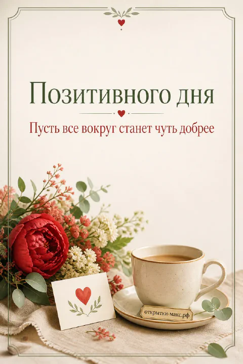 Красные пионы с зеленью в вазе рядом с бежевой кружкой кофе и открыткой с сердечком на льняном фоне