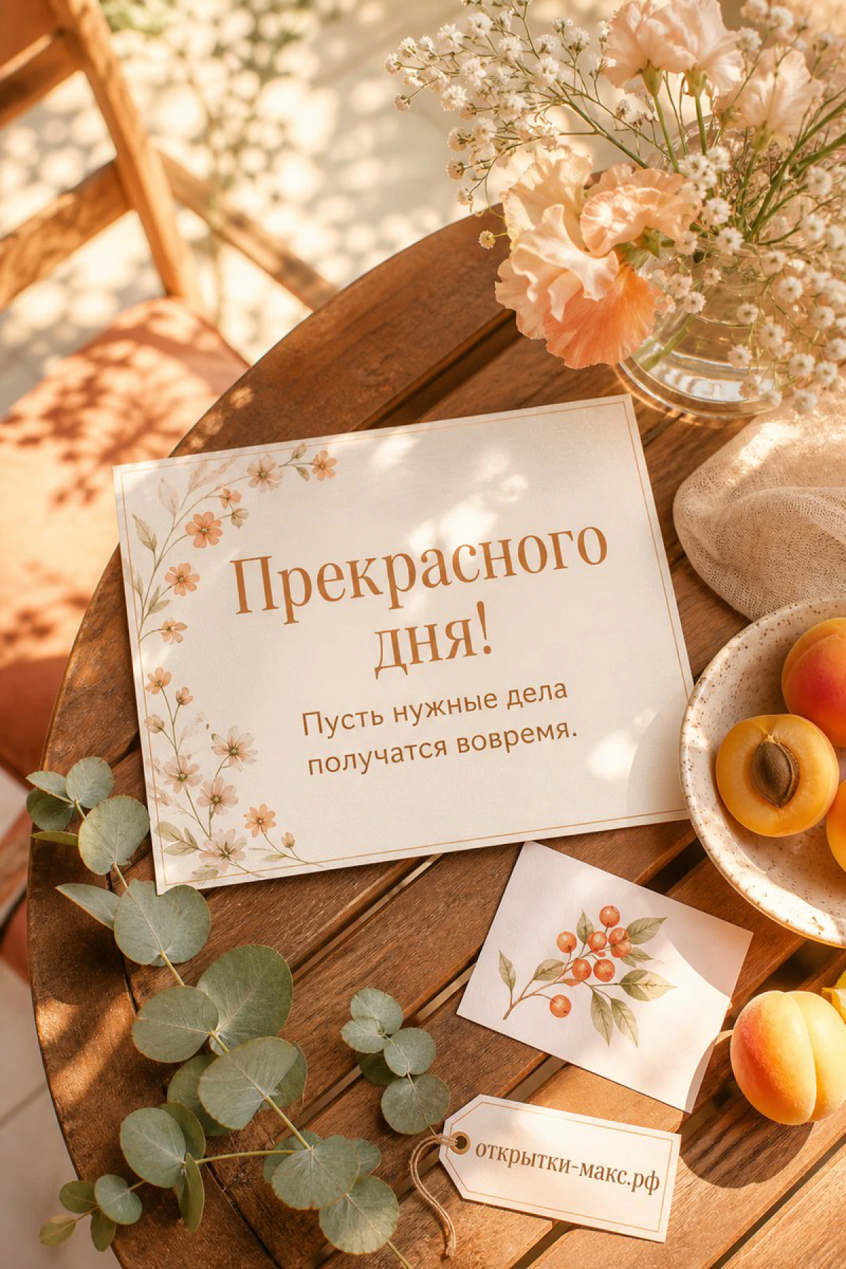 Открытка на деревянном столе с персиковыми цветами, фруктами и надписью Прекрасного дня