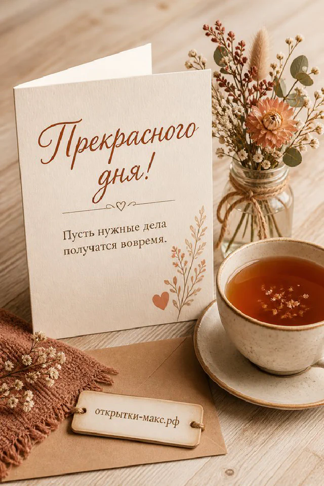 Открытка на деревянном столе с персиковыми цветами, фруктами и надписью Прекрасного дня — вариант 2
