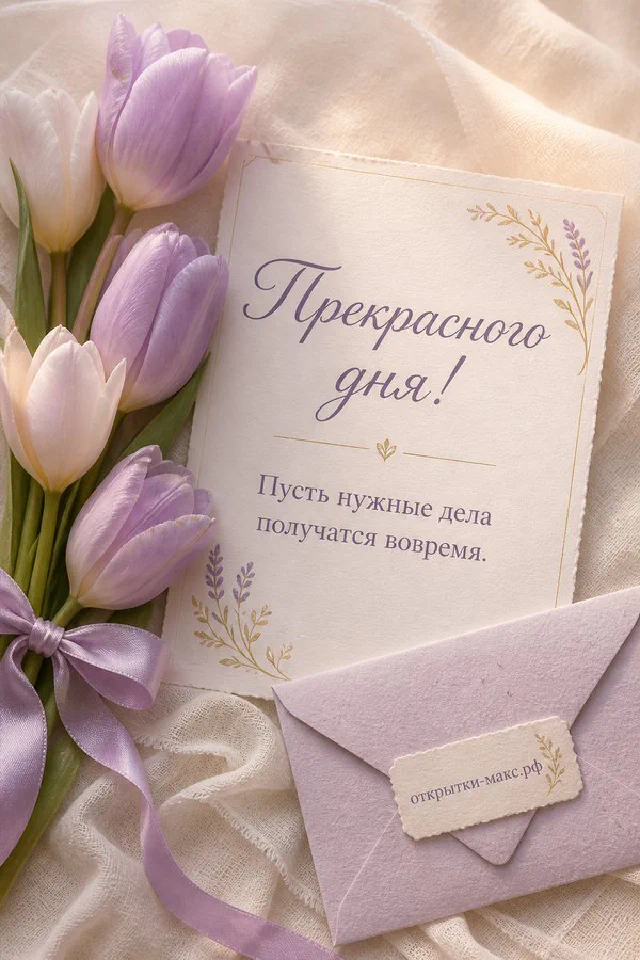 Открытка на деревянном столе с персиковыми цветами, фруктами и надписью Прекрасного дня — вариант 4