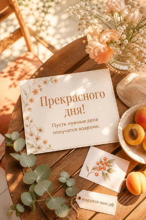 Открытка на деревянном столе с персиковыми цветами, фруктами и надписью Прекрасного дня