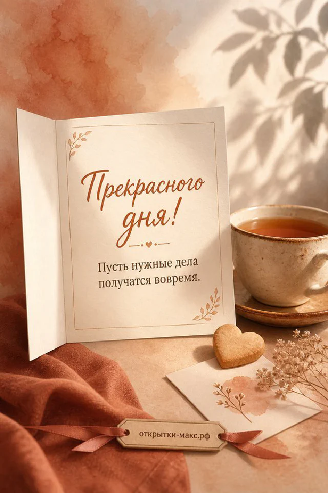 Открытка на деревянном столе с персиковыми цветами, фруктами и надписью Прекрасного дня — вариант 3