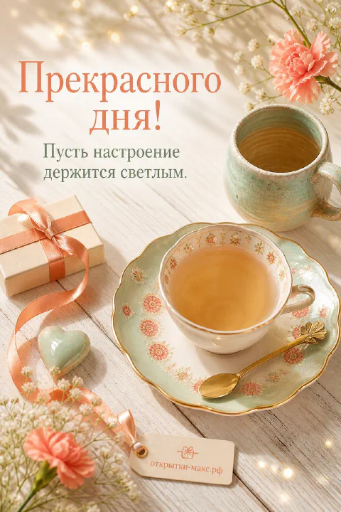 Открытка прекрасного дня с расписной фарфоровой чашкой чая, розовыми гвоздиками и подарком с лентой