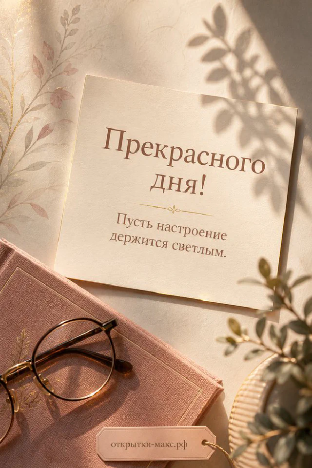 Открытка прекрасного дня с расписной фарфоровой чашкой чая, розовыми гвоздиками и подарком с лентой — вариант 2