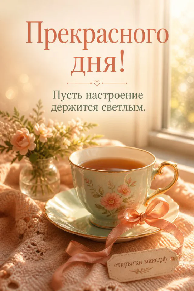 Открытка прекрасного дня с расписной фарфоровой чашкой чая, розовыми гвоздиками и подарком с лентой — вариант 3