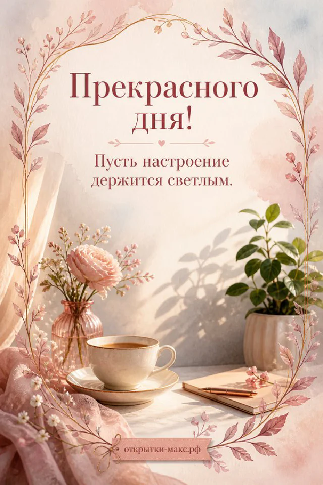Открытка прекрасного дня с расписной фарфоровой чашкой чая, розовыми гвоздиками и подарком с лентой — вариант 4