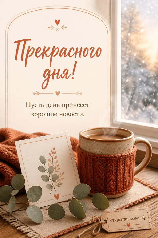 Открытка прекрасного дня с большой улыбающейся чашкой чая в горошек и маленькой голубой птичкой — вариант 5