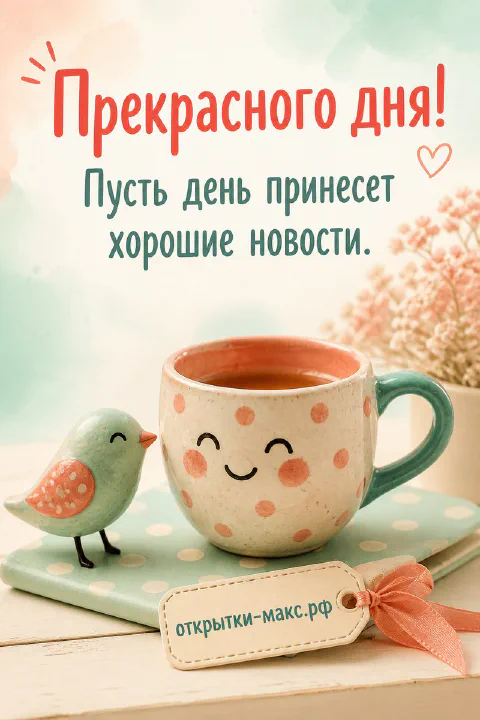 Открытка прекрасного дня с большой улыбающейся чашкой чая в горошек и маленькой голубой птичкой