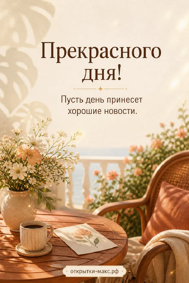 Открытка прекрасного дня с большой улыбающейся чашкой чая в горошек и маленькой голубой птичкой — вариант 2