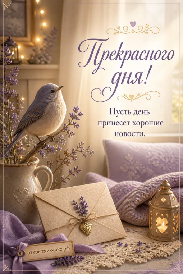 Открытка прекрасного дня с большой улыбающейся чашкой чая в горошек и маленькой голубой птичкой — вариант 4