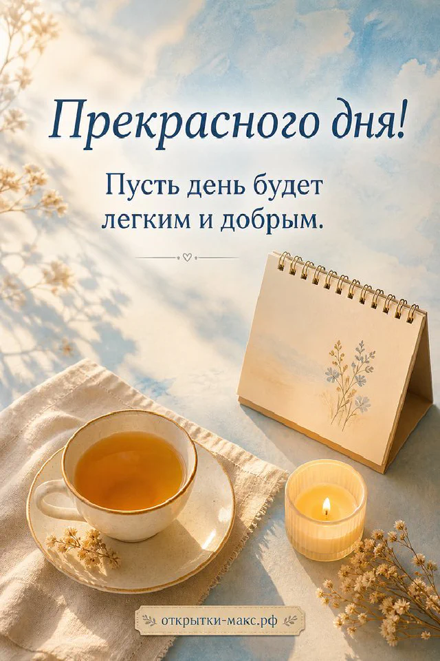 Чашка чая и акварельная карточка с голубым цветком на голубом фоне рядом с пледом и блокнотом, надпись «Прекрасного дня» — вариант 2