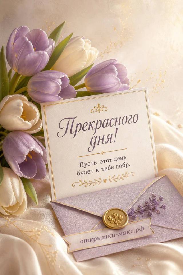 Открытка с надписью Прекрасного дня рядом с розовыми и белыми тюльпанами и конвертом — вариант 2