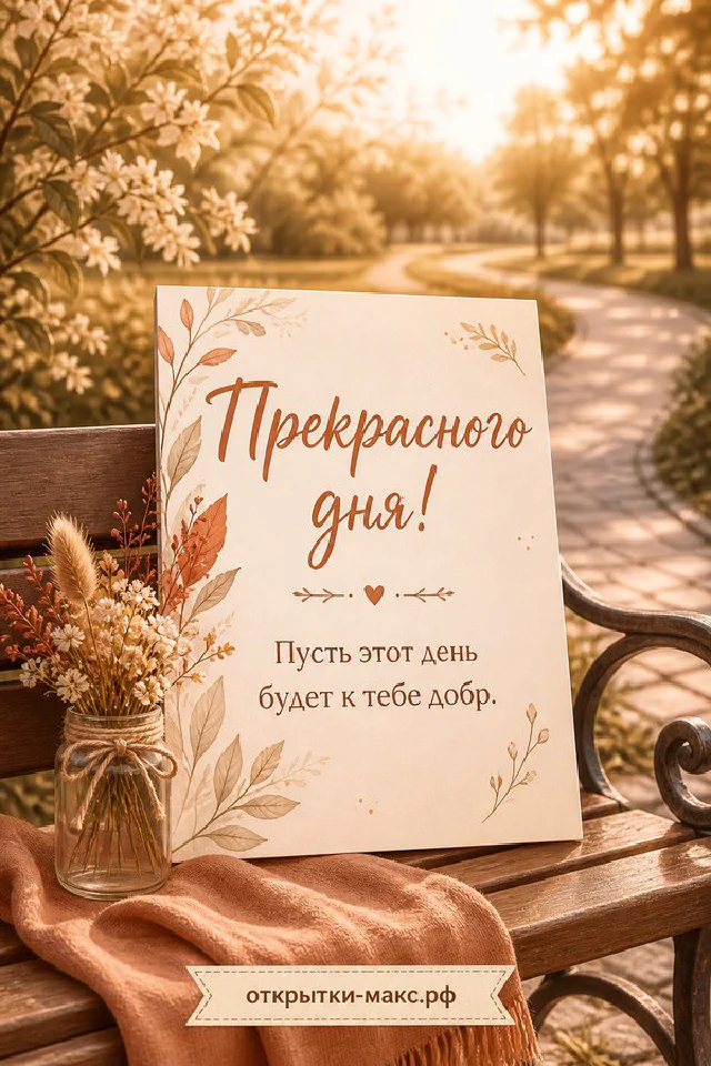 Открытка с надписью Прекрасного дня рядом с розовыми и белыми тюльпанами и конвертом — вариант 3