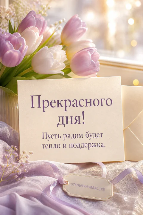 Букет розово-белых тюльпанов с конвертом и лентой на светлом фоне у окна