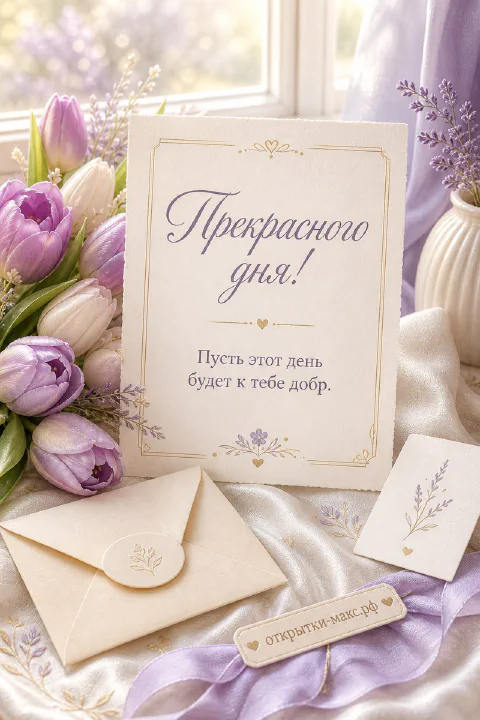 Открытка с надписью Прекрасного дня рядом с розовыми и белыми тюльпанами и конвертом