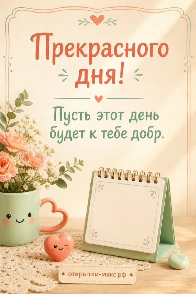 Открытка с надписью Прекрасного дня рядом с розовыми и белыми тюльпанами и конвертом — вариант 4