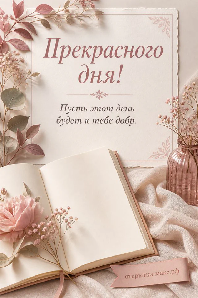 Открытка с надписью Прекрасного дня рядом с розовыми и белыми тюльпанами и конвертом — вариант 5