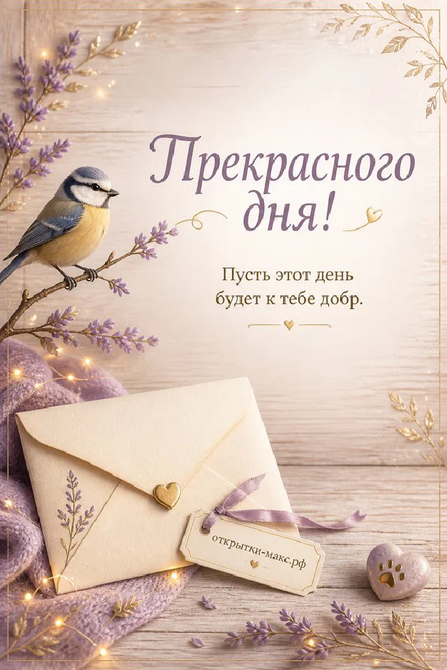 Открытка с надписью Прекрасного дня рядом с розовыми и белыми тюльпанами и конвертом — вариант 6