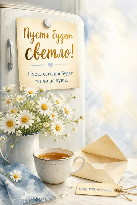 Ромашки в белом кувшине, чашка чая и конверт у белого холодильника на акварельном фоне, надпись «Пусть будет светло»