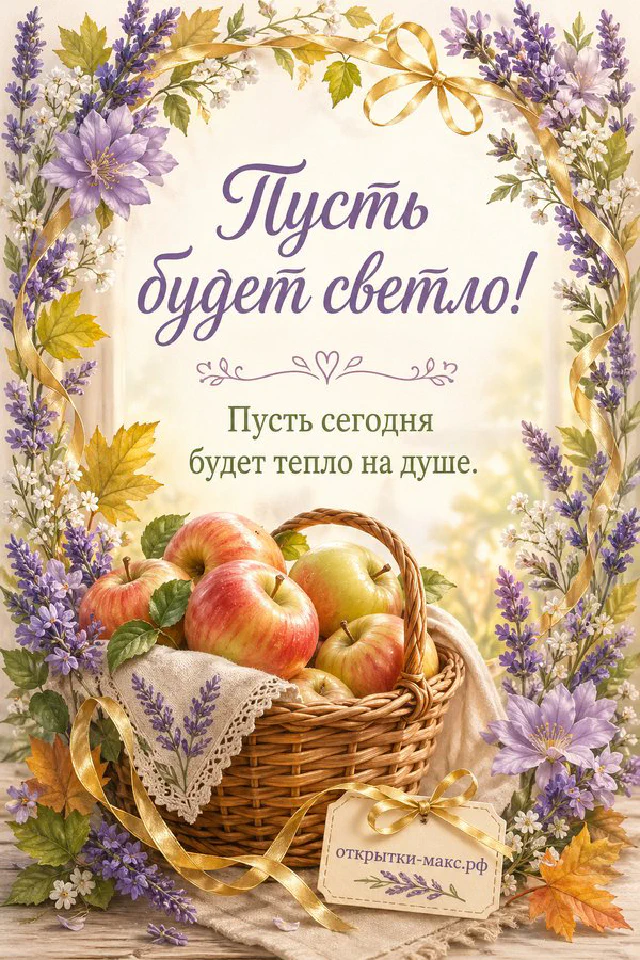 Ромашки в белом кувшине, чашка чая и конверт у белого холодильника на акварельном фоне, надпись «Пусть будет светло» — вариант 2