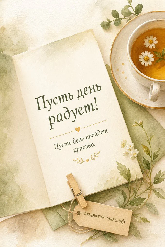 Поднос с чашкой чая и книгами рядом с вазой хризантем и надписью Пусть день радует — вариант 4