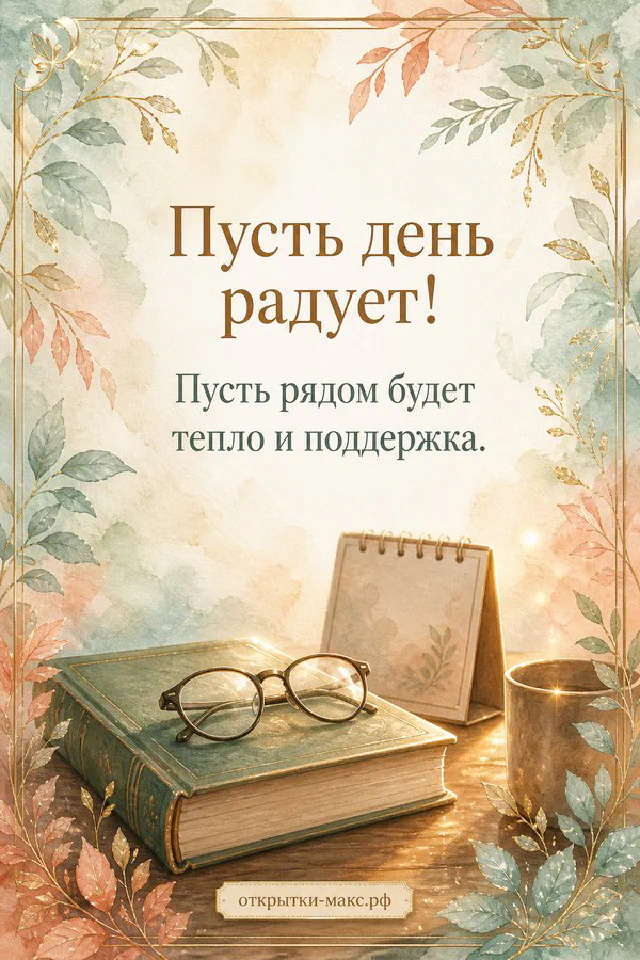Открытка пусть день радует с розовой книгой, круглыми очками и акварельной карточкой с листиком на бежевой ткани — вариант 2