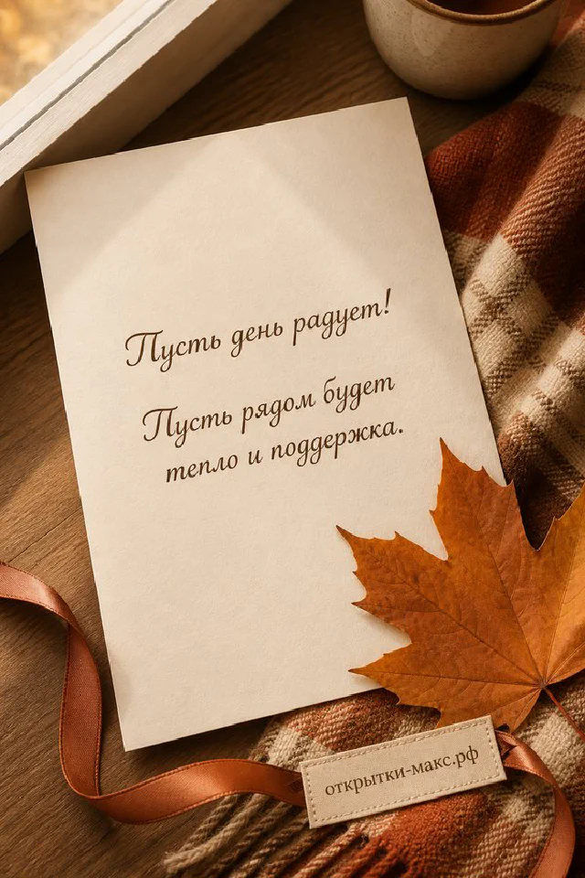 Открытка пусть день радует с розовой книгой, круглыми очками и акварельной карточкой с листиком на бежевой ткани — вариант 3