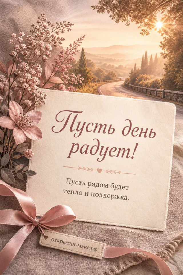 Открытка пусть день радует с розовой книгой, круглыми очками и акварельной карточкой с листиком на бежевой ткани — вариант 4
