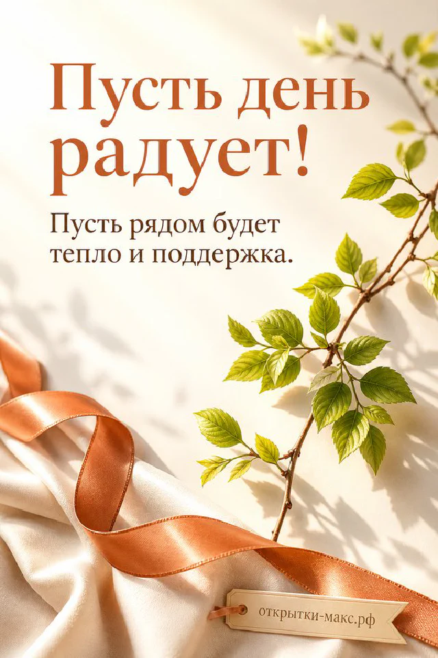 Открытка пусть день радует с розовой книгой, круглыми очками и акварельной карточкой с листиком на бежевой ткани — вариант 5
