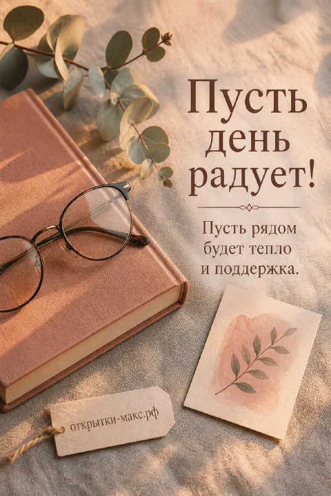 Открытка пусть день радует с розовой книгой, круглыми очками и акварельной карточкой с листиком на бежевой ткани