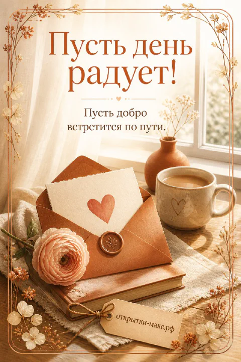 Коричневый конверт с сердечком, книга, кружка кофе и розовый ранункулюс на тёплом фоне
