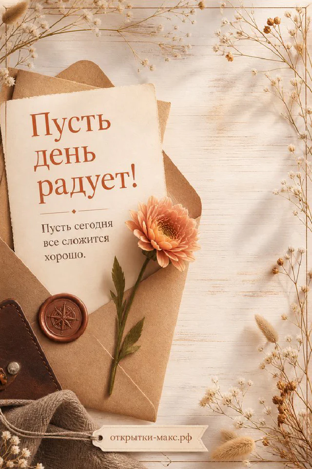 Терракотовый конверт с запиской и персиковым маком рядом с открытой книгой и фотографией пейзажа, надпись «Пусть день радует» — вариант 3